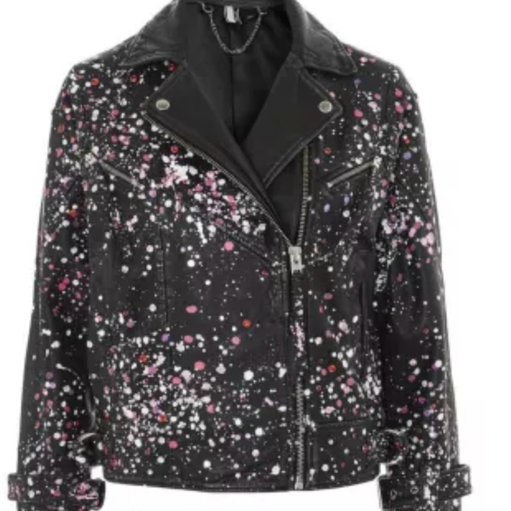 Topshop REAL LEATHER Black jacket W/ sparkling Chain Detail and rhinestones